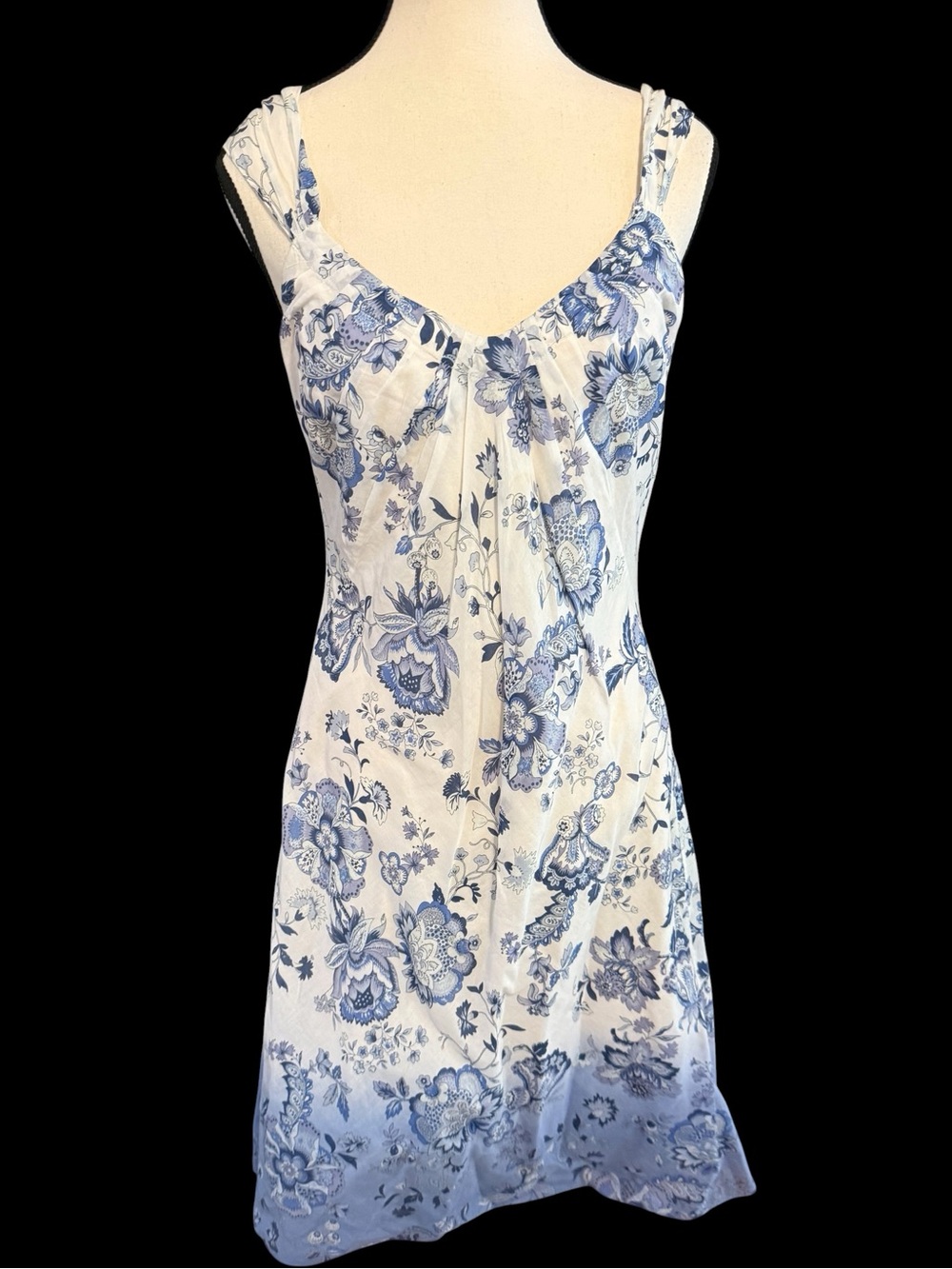 Peruvian Connection Blue White Floral Toile Cotton Lined Sleeveless A-Line Dress